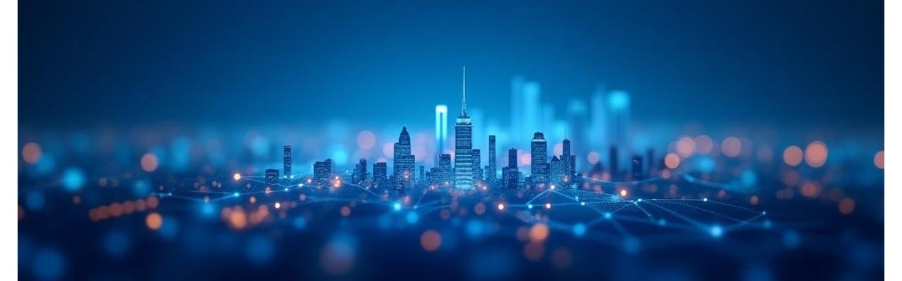 Digital network overlaying city skyline, representing global connectivity and telecommunications.