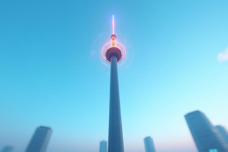 A futuristic 5G network tower with data streams, representing 5G deployment consultation.