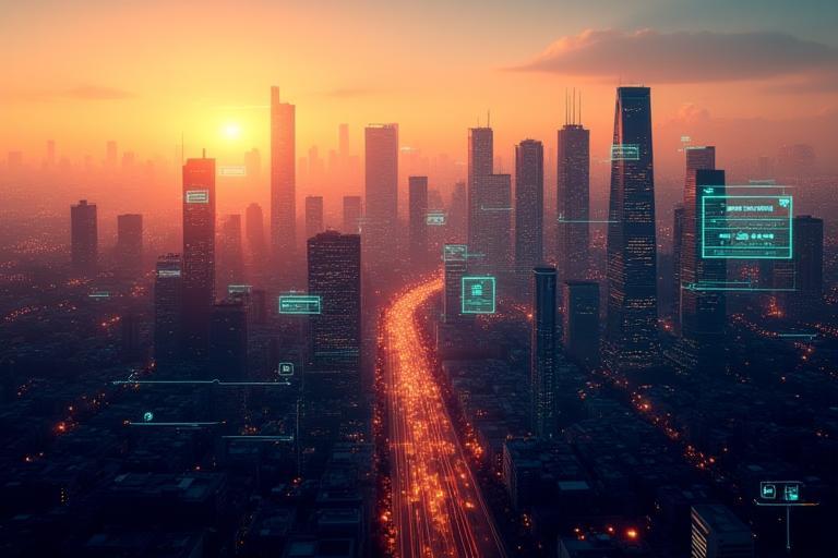 A smart city concept with connected sensors and devices, illustrating IoT network services.