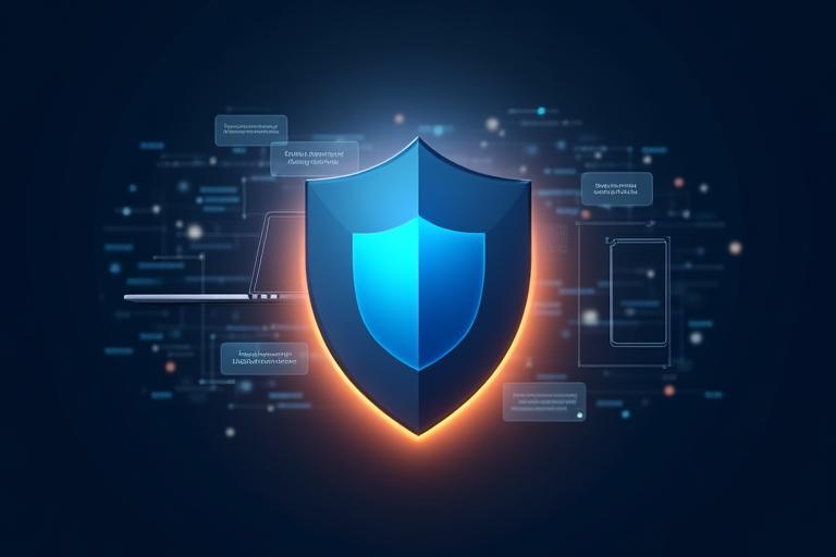A shield icon protecting various mobile devices and data packets, symbolizing mobile security services.