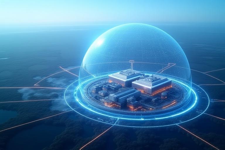 A secure, isolated network bubble with enterprise buildings in the background, illustrating private mobile networks.